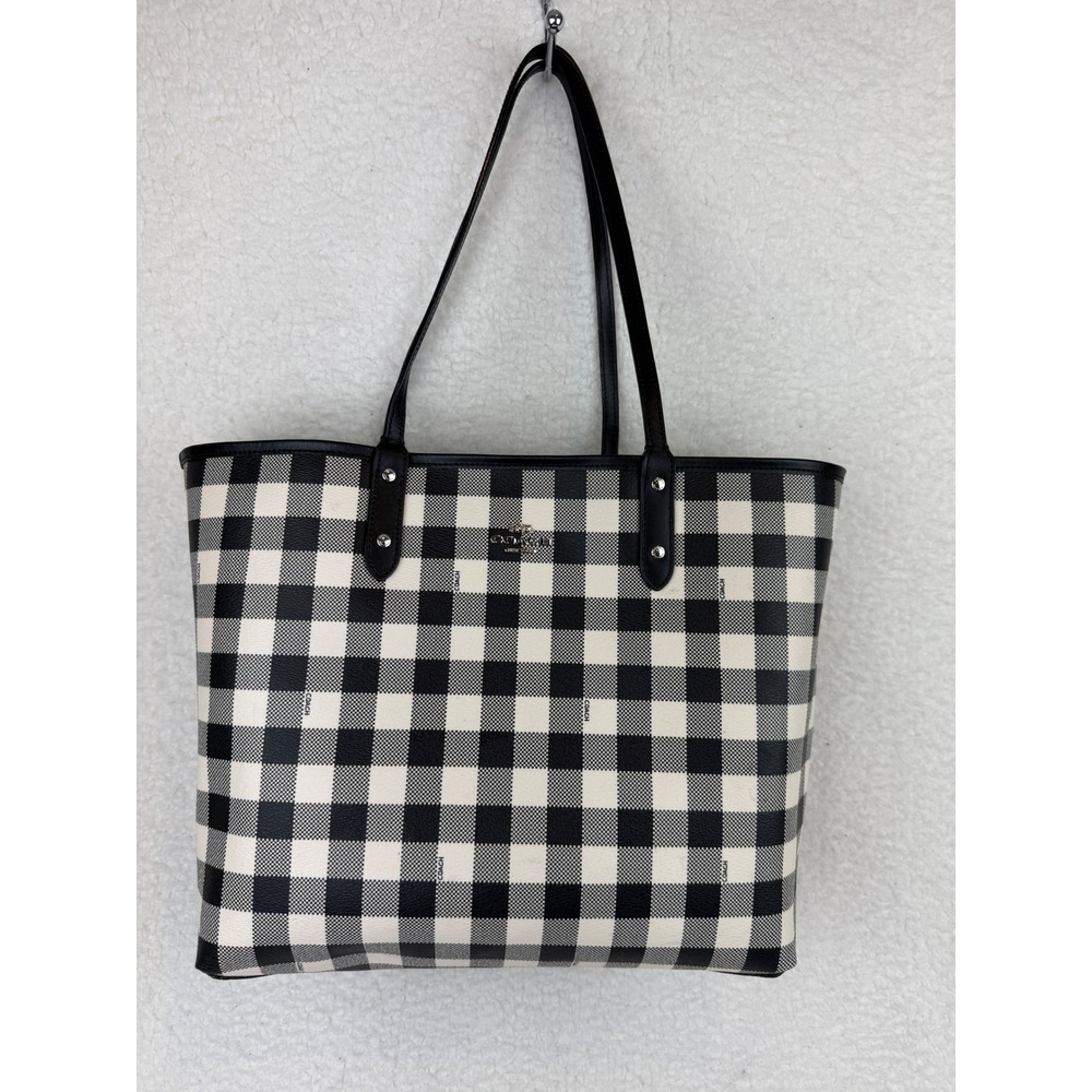 Coach City Tote Reversible Black Crossgrain Leather Gingham Plaid Handbag - Picture 8 of 11